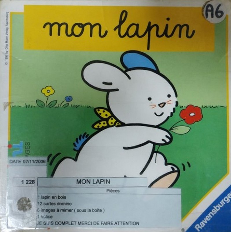 MON LAPIN<br>Référence ludothèque : 1228<br>1 à 0 joueur(s) <br>Coffret avec 3 jeux. 1 petit lapin compagnon, 12 cartes de domino, 6 images à mimer.